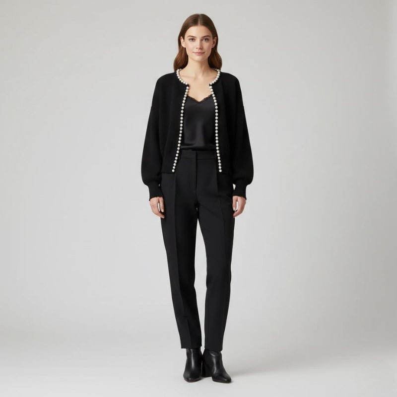 Modny kardigan z perłowym akcentem – niezbędny element eleganckiej stylizacji warstwowej