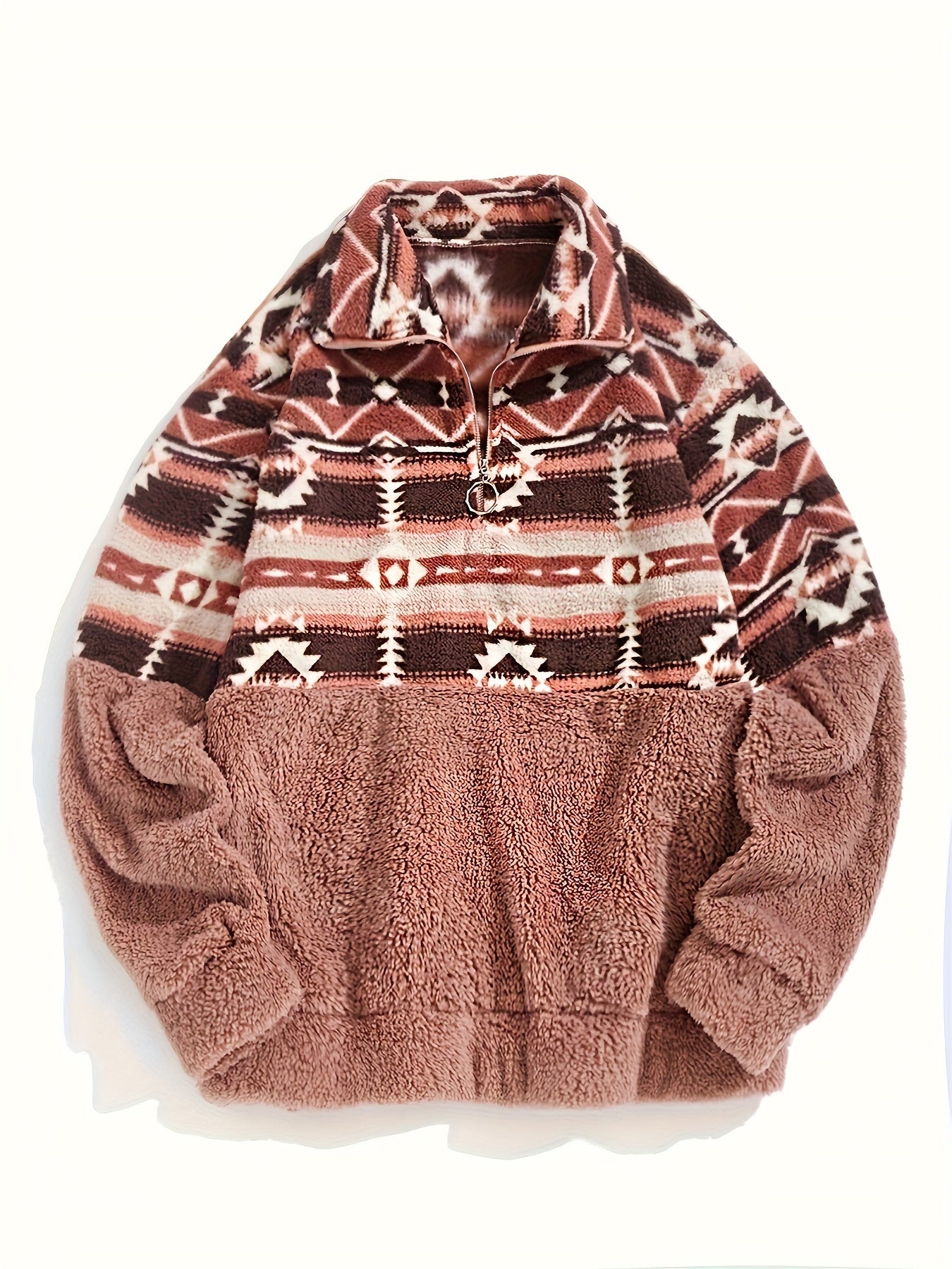 Davenly | Damska bluza typu teddy – geometryczny wzór, bluza z półzamkiem