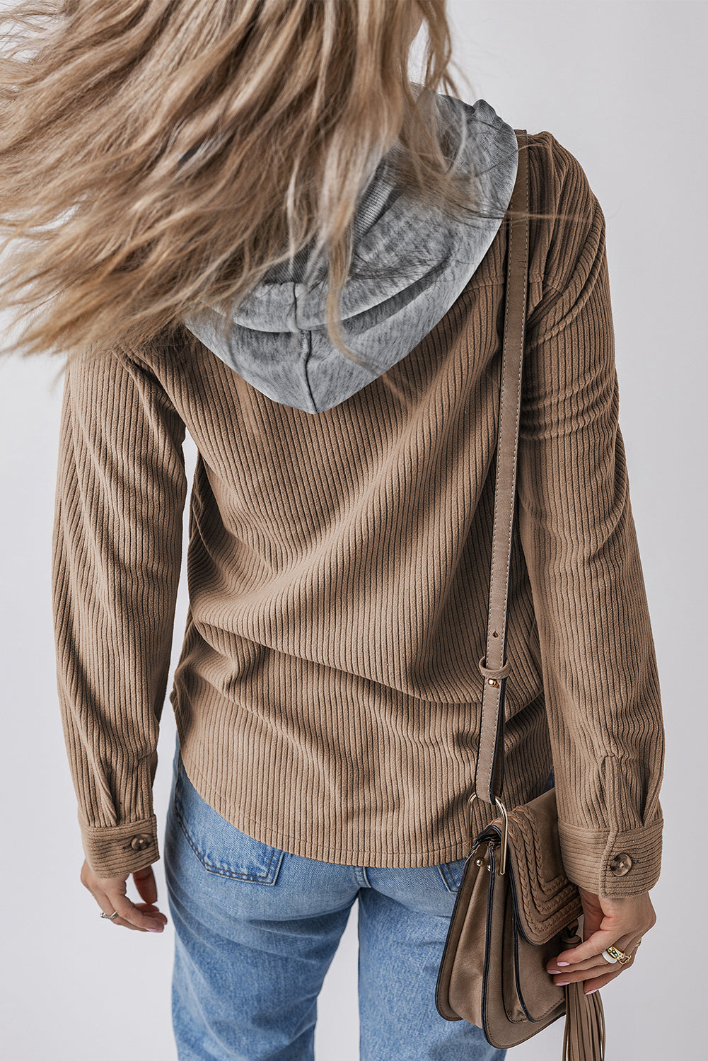 Thessara | Women's Corduroy Short Coat - Button-Up Hooded Jacket