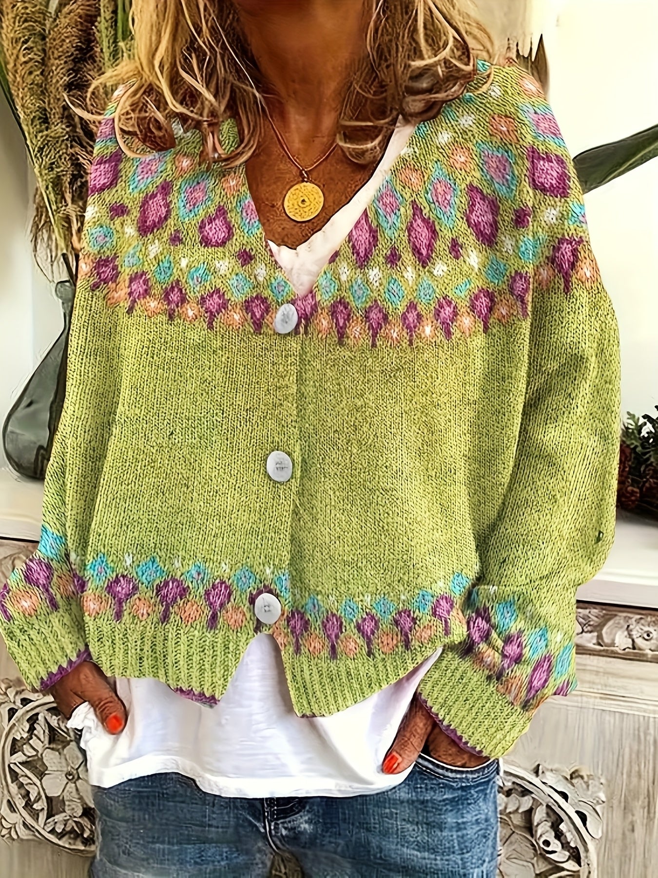 Noella | Damski kardigan w stylu Fair Isle – miękki sweter z długim rękawem