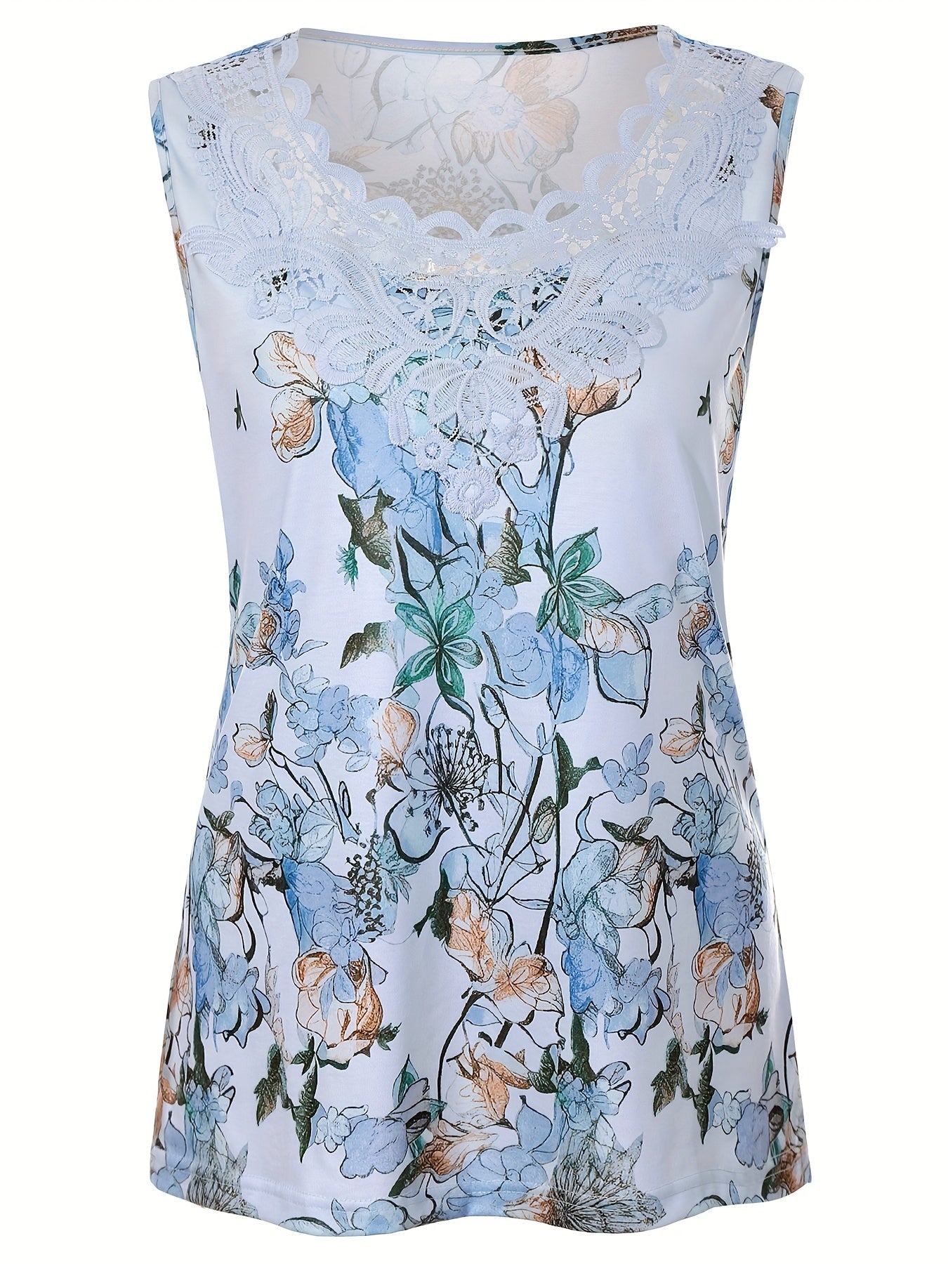 Damski top z koronką i kwiatowym wzorem w patchwork – elegancka bluzka bez rękawów