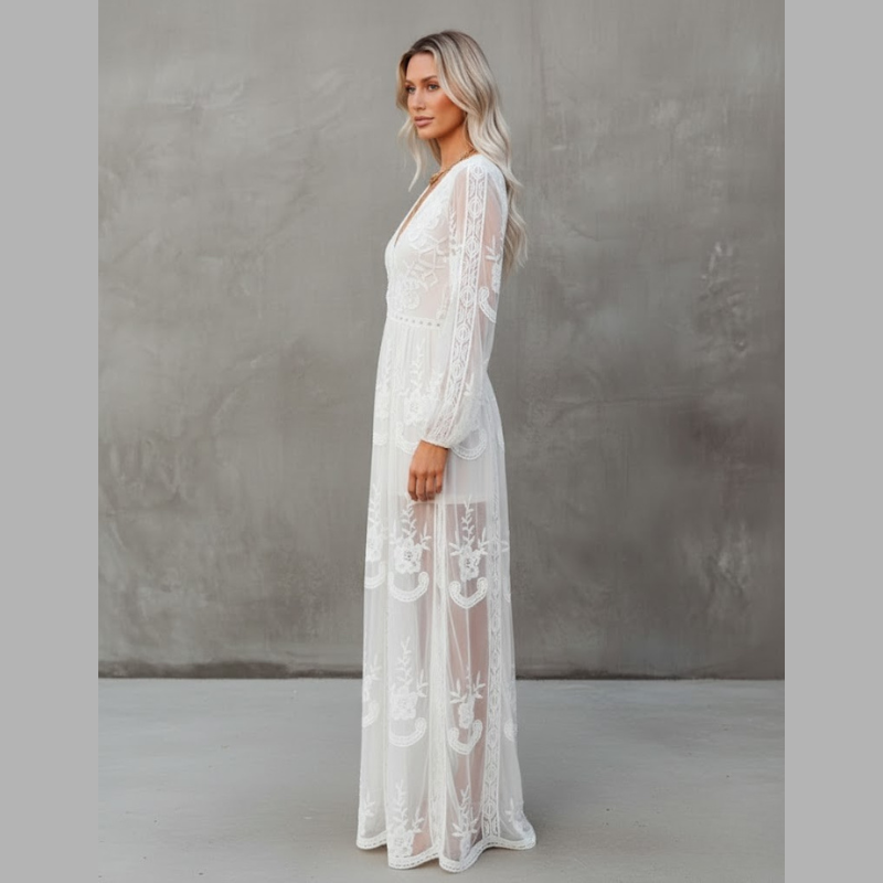 Elegant Women's Maxi Dress with V-Neck - Lightweight, Long-Sleeved Summer Style