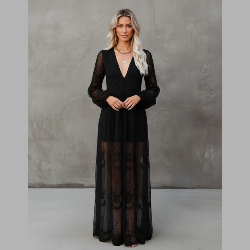 Elegancka sukienka maxi z dekoltem w kształcie litery V dla kobiet – lekki, letni styl z długim rękawem