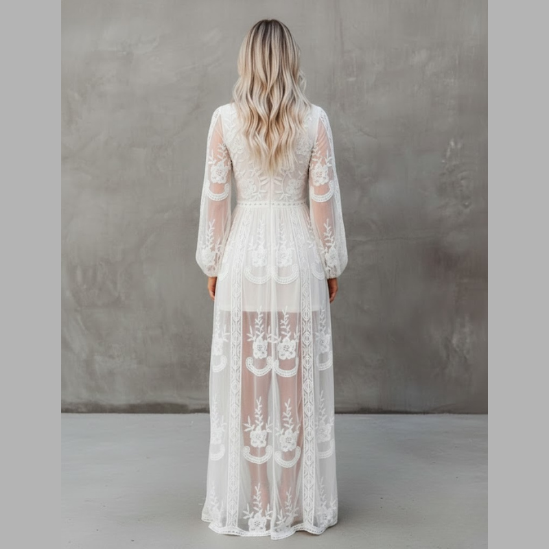 Elegant Women's Maxi Dress with V-Neck - Lightweight, Long-Sleeved Summer Style