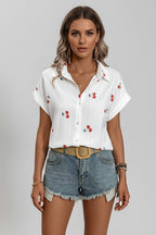 Women's Cherry Print Blouse with Buttons – Fun Short Sleeve Shirt