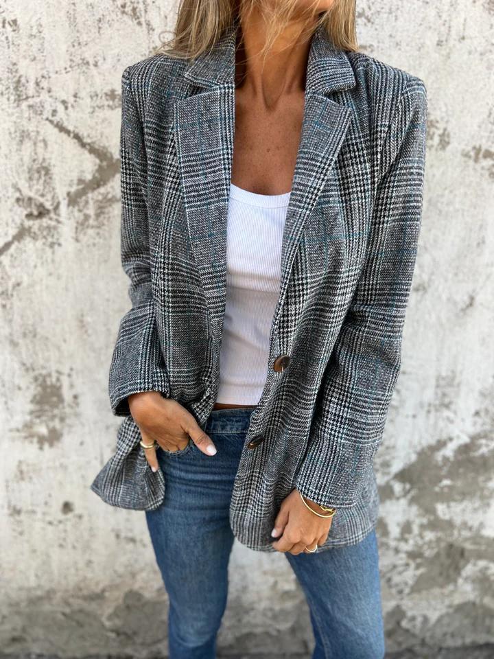 Ellery | Damska marynarka w kratę w stylu casual – dopasowana marynarka z długimi rękawami