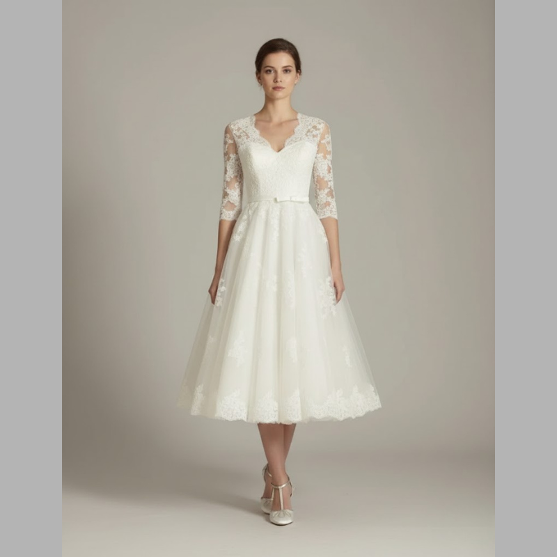 Elegancka suknia ślubna midi w stylu vintage dla kobiet – ponadczasowy styl z rękawem 3/4