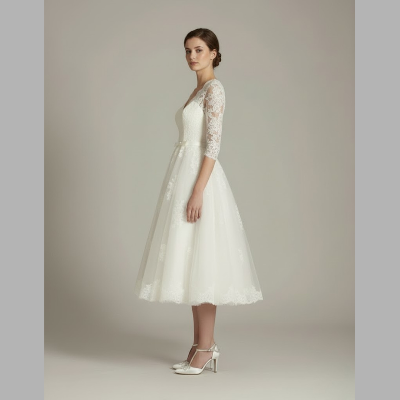 Elegancka suknia ślubna midi w stylu vintage dla kobiet – ponadczasowy styl z rękawem 3/4