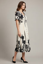 Women's midi dress with botanical print - elegant summer style with a V-neck