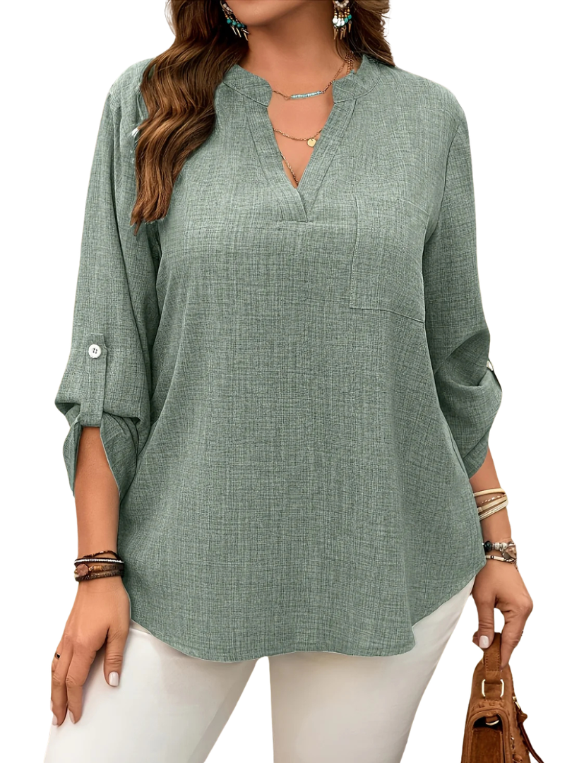 Lirienne | Women's V-neck shirt – loose fit, short sleeve, button-down front