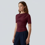 Asymmetrical neck top with ruching – flattering short sleeve top, for every day