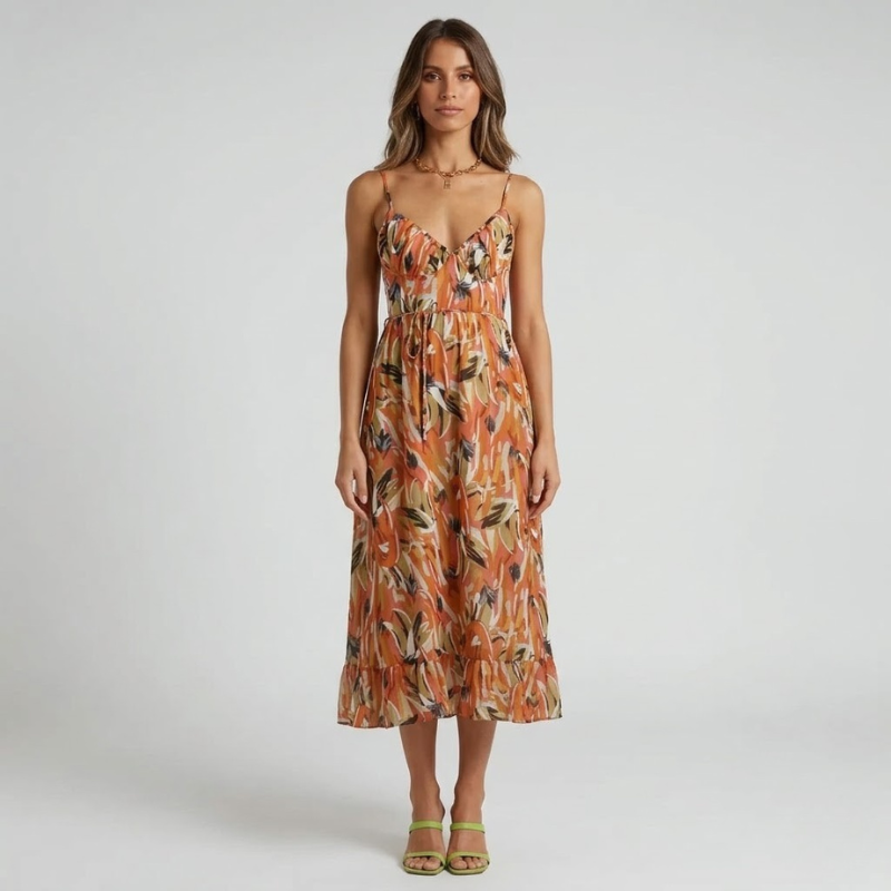 Promienna, kobieca sukienka midi – zwiewny, elegancki styl na lato dla kobiet