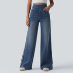 High-waisted jeans with striped distressing – flowy, wide legs and a loose fit