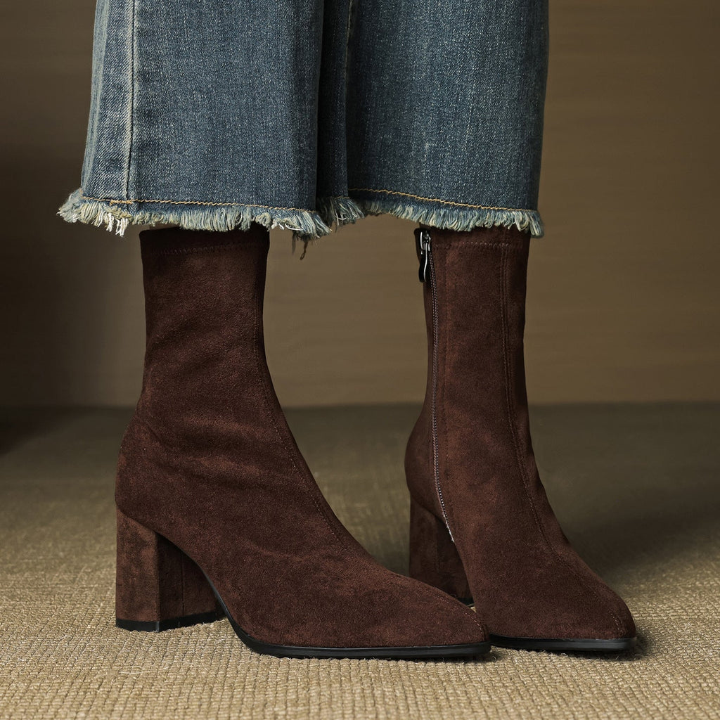 Reverie | Damskie wysokie zamszowe buty – modne buty na grubym obcasie z zamkiem z boku