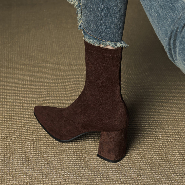 Reverie | Damskie wysokie zamszowe buty – modne buty na grubym obcasie z zamkiem z boku