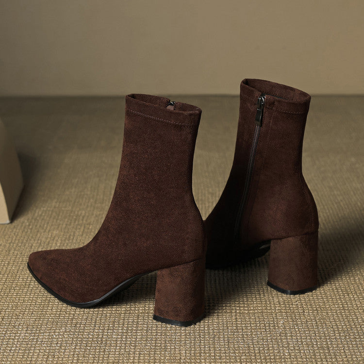 Reverie | Damskie wysokie zamszowe buty – modne buty na grubym obcasie z zamkiem z boku