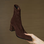 Reverie | Damskie wysokie zamszowe buty – modne buty na grubym obcasie z zamkiem z boku
