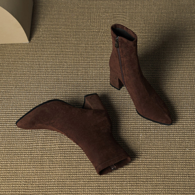 Reverie | Damskie wysokie zamszowe buty – modne buty na grubym obcasie z zamkiem z boku