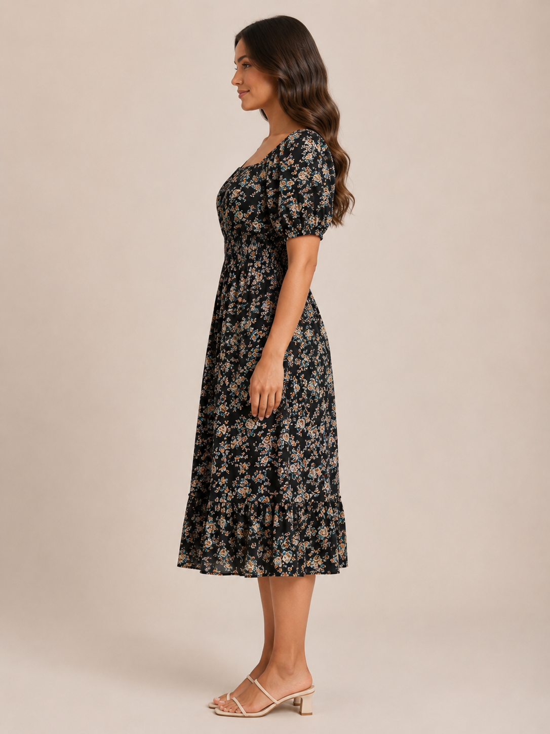 Floral dress with puff sleeves for women – Soleya