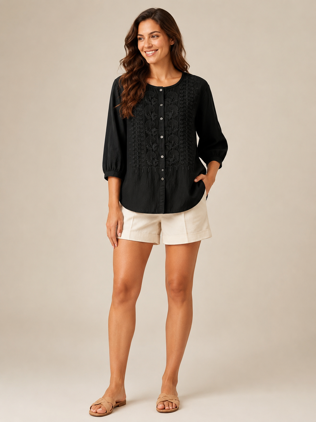 Gertruda | Women's embroidered blouse with 3/4 sleeves and button fastening