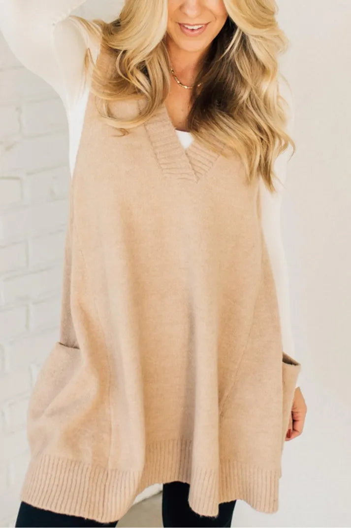 Seraphina | Damski sweter bez rękawów z dzianiny – miękki sweter z dekoltem w serek