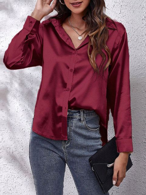 Tekla | Elegant long-sleeve women's shirt, button-down satin blouse
