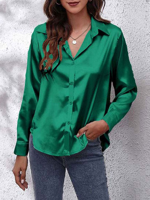 Tekla | Elegant long-sleeve women's shirt, button-down satin blouse