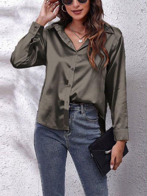 Tekla | Elegant long-sleeve women's shirt, button-down satin blouse