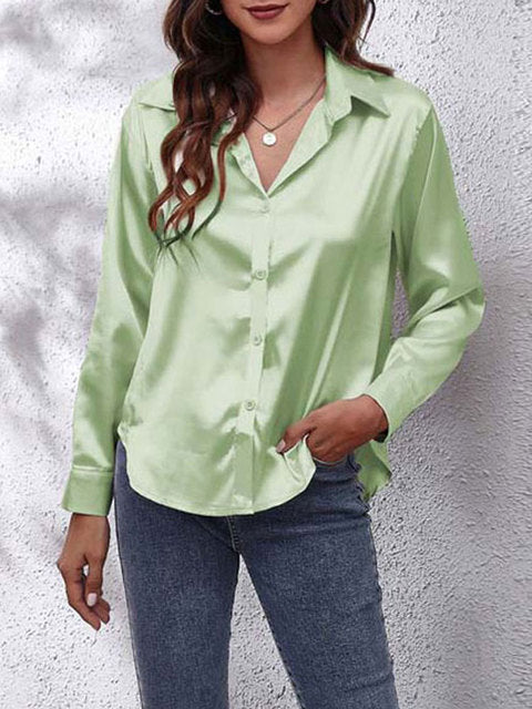 Tekla | Elegant long-sleeve women's shirt, button-down satin blouse