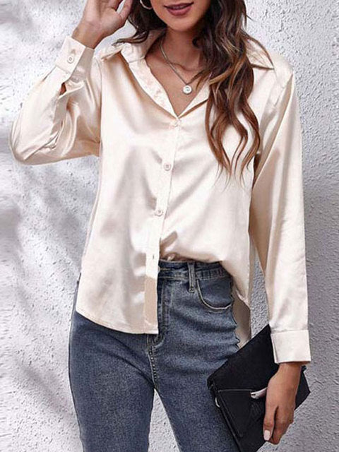Tekla | Elegant long-sleeve women's shirt, button-down satin blouse