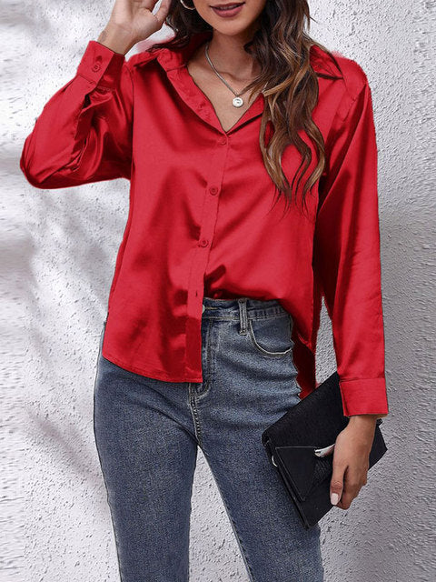 Tekla | Elegant long-sleeve women's shirt, button-down satin blouse