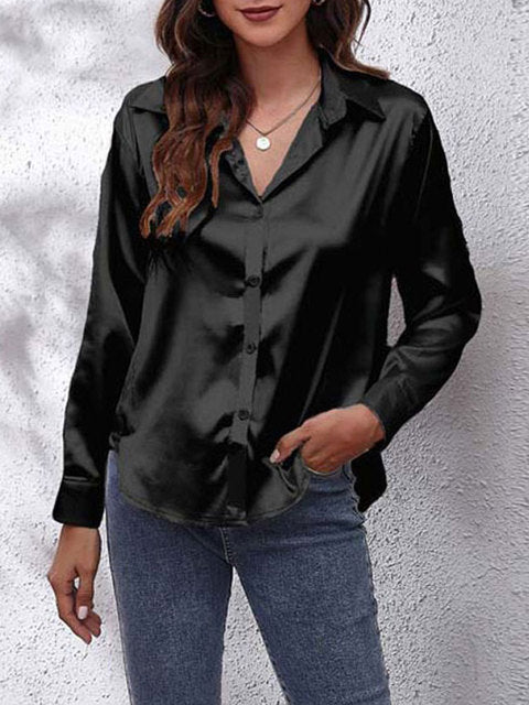Tekla | Elegant long-sleeve women's shirt, button-down satin blouse
