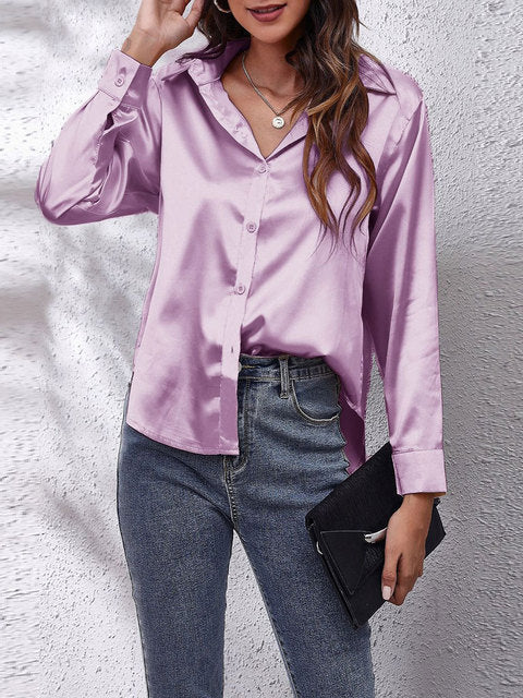 Tekla | Elegant long-sleeve women's shirt, button-down satin blouse