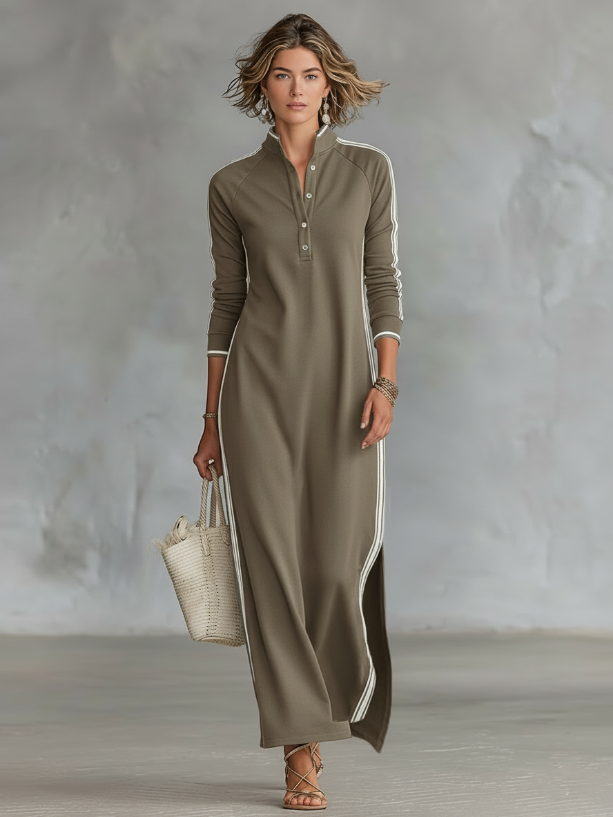 Lysoria | Minimalistyczna damska sukienka typu maxi w stylu bluzy – model z kołnierzykiem i zapięciem na guziki