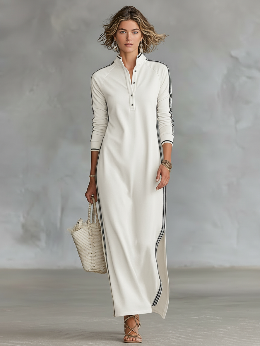 Lysoria | Minimalistyczna damska sukienka typu maxi w stylu bluzy – model z kołnierzykiem i zapięciem na guziki