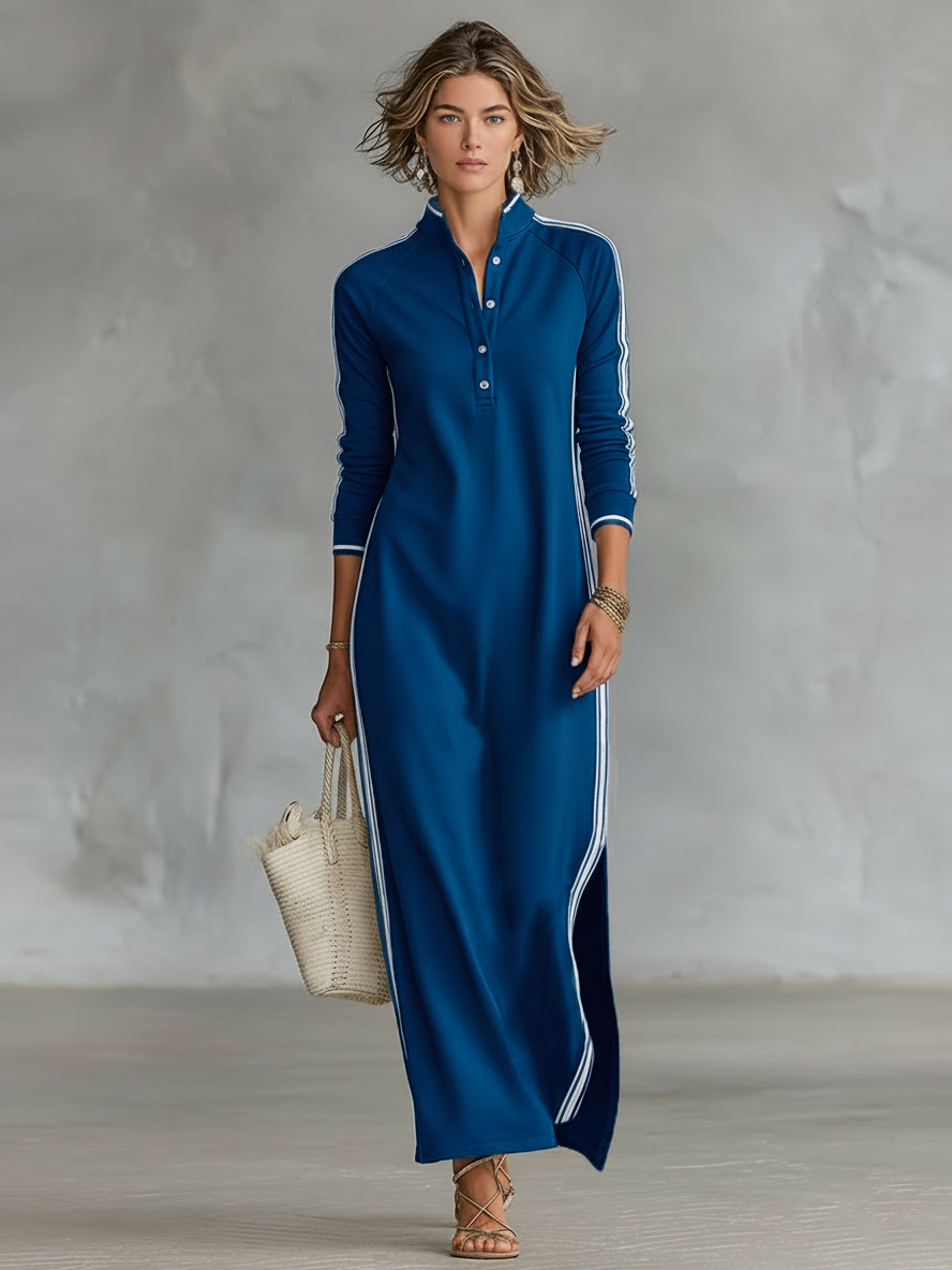 Lysoria | Minimalistyczna damska sukienka typu maxi w stylu bluzy – model z kołnierzykiem i zapięciem na guziki
