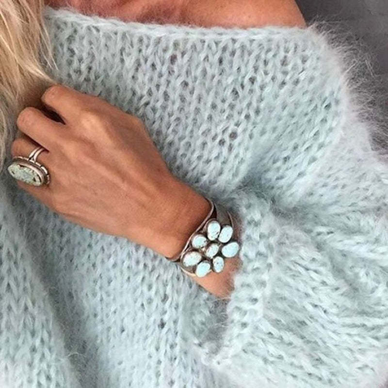 Evindra | Damski oversize’owy sweter szydełkowy – miękki, luźny sweter w stylu boho