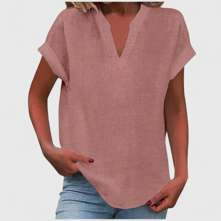 Saelisse | Women's V-neck blouse – loose fit, short sleeves and elegant blouse