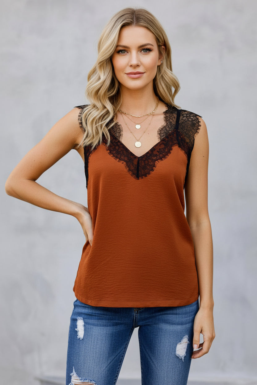 Damski top z koronką na ramiączkach – elegancki, dopasowany top na ramiączkach typu spaghetti