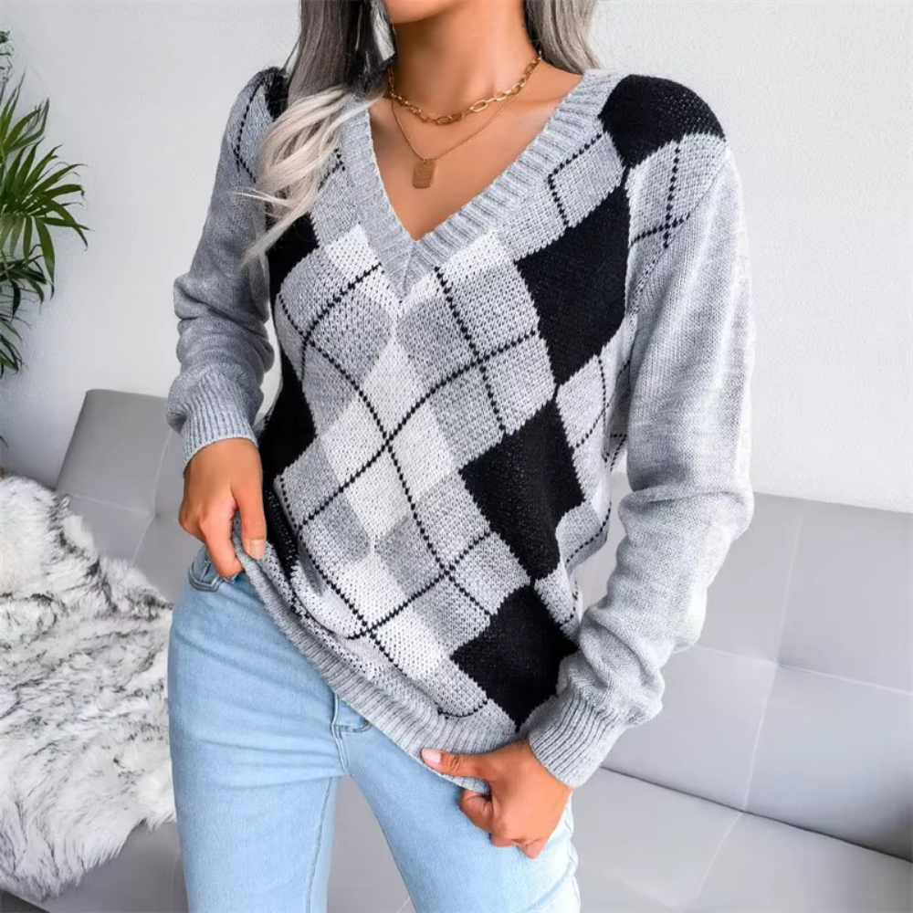 Querida | Sweter damski z teksturowanym dekoltem w serek – miękki sweter z dzianiny