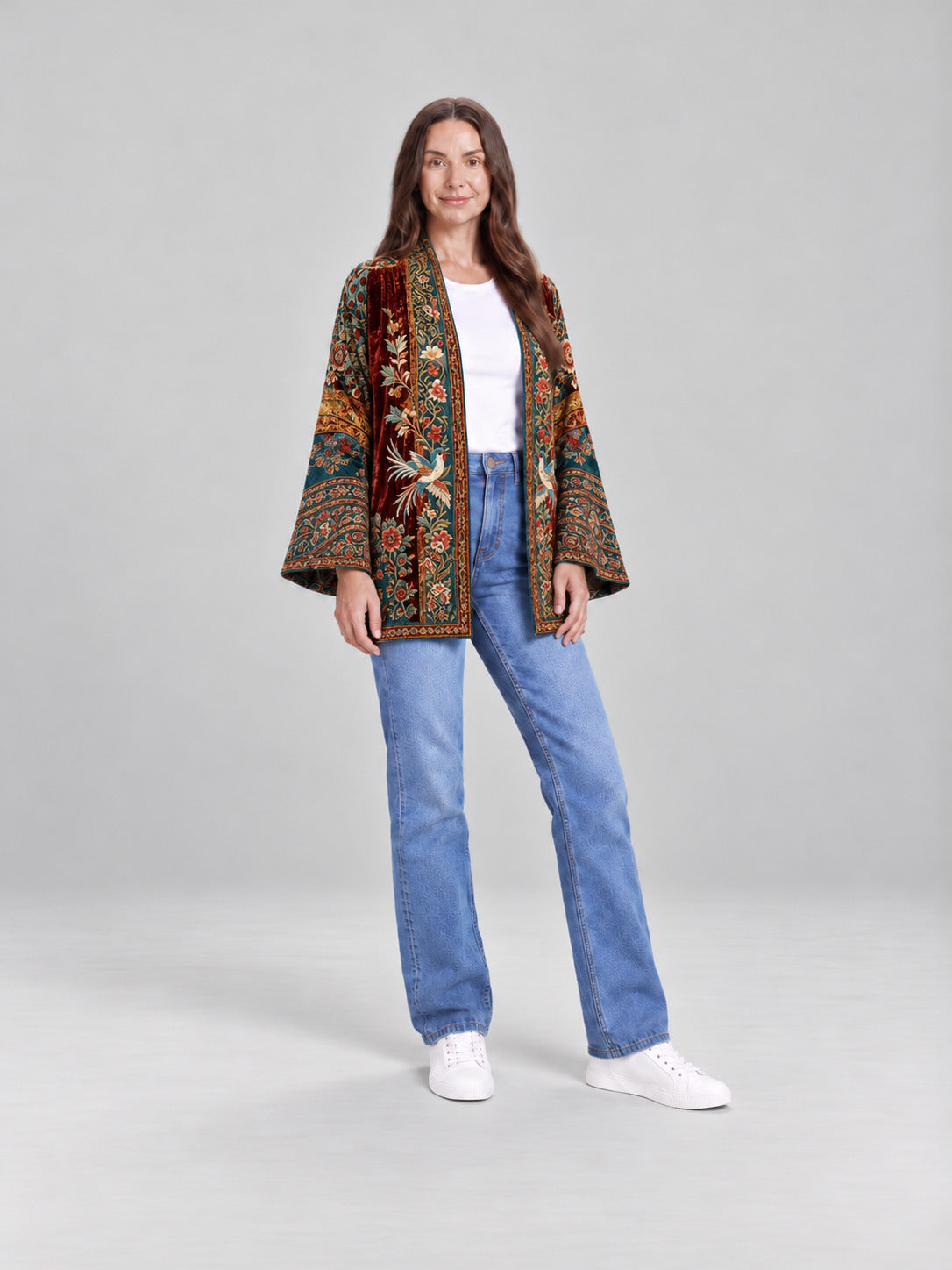 Anika | Damowa aksamitna kurtka w stylu boho z nadrukiem i szerokimi rękawami