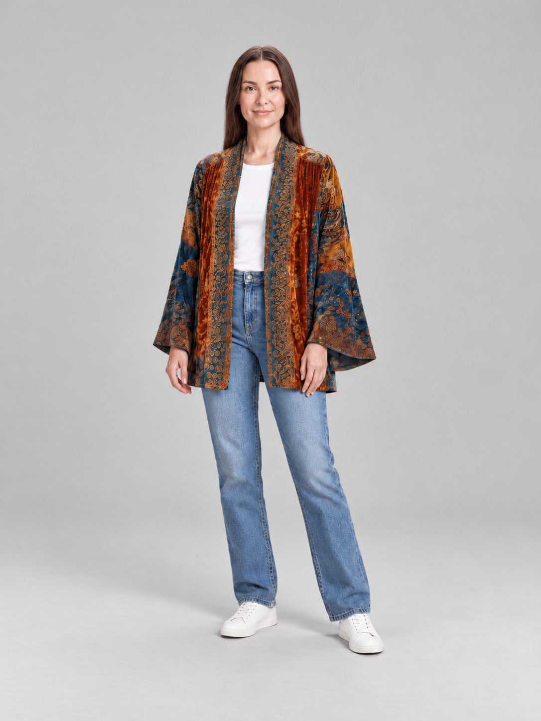 Anika | Damowa aksamitna kurtka w stylu boho z nadrukiem i szerokimi rękawami