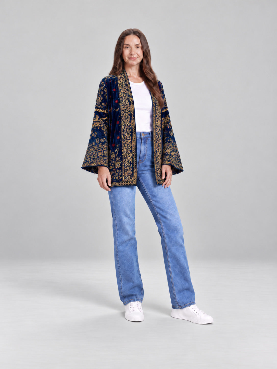 Anika | Damowa aksamitna kurtka w stylu boho z nadrukiem i szerokimi rękawami