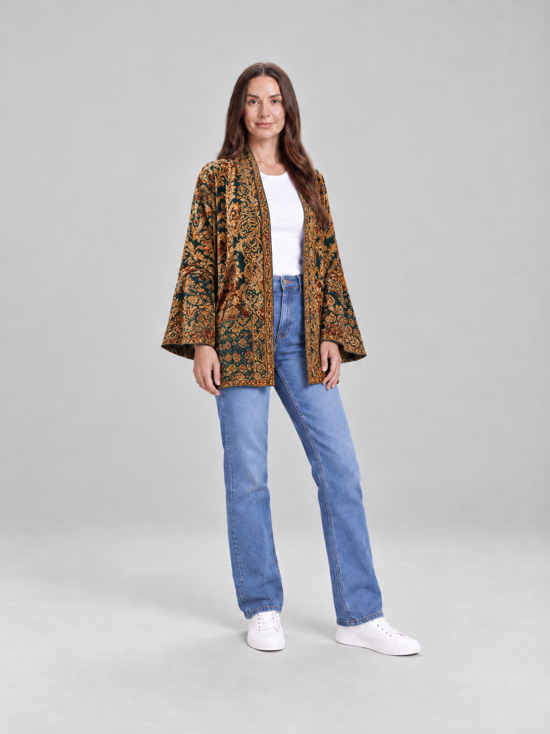 Anika | Damowa aksamitna kurtka w stylu boho z nadrukiem i szerokimi rękawami