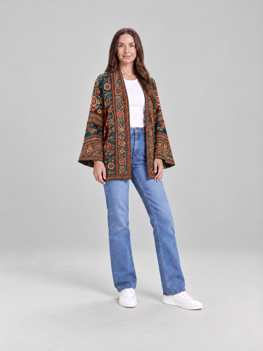 Anika | Damowa aksamitna kurtka w stylu boho z nadrukiem i szerokimi rękawami