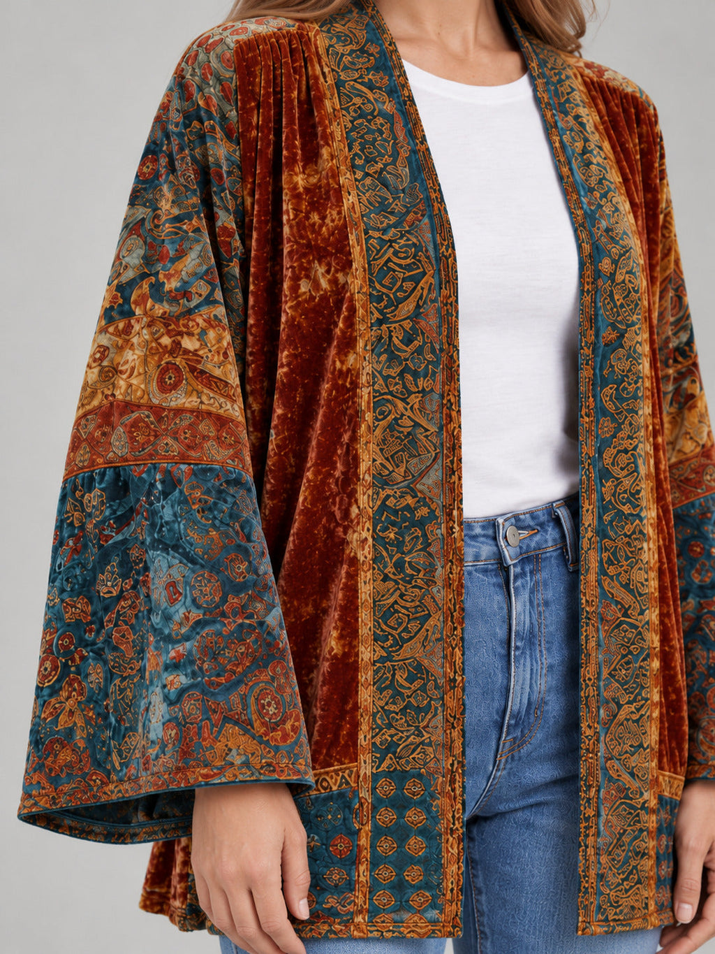 Anika | Damowa aksamitna kurtka w stylu boho z nadrukiem i szerokimi rękawami