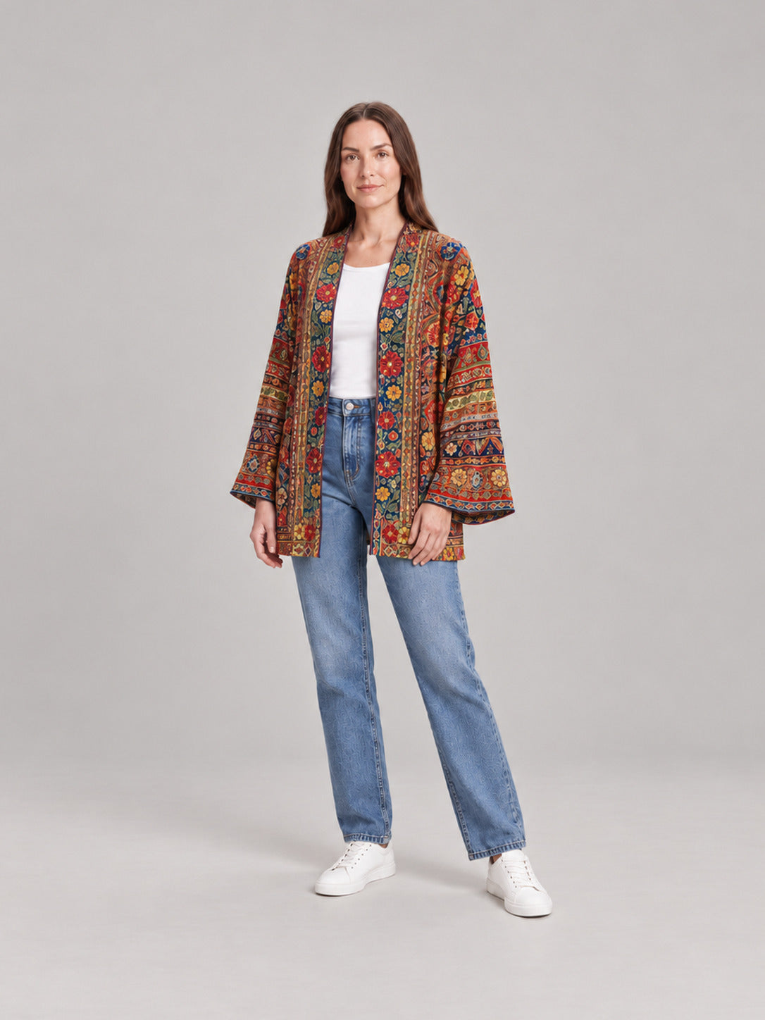 Anika | Damowa aksamitna kurtka w stylu boho z nadrukiem i szerokimi rękawami