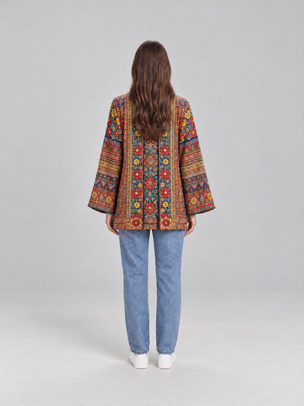 Anika | Damowa aksamitna kurtka w stylu boho z nadrukiem i szerokimi rękawami