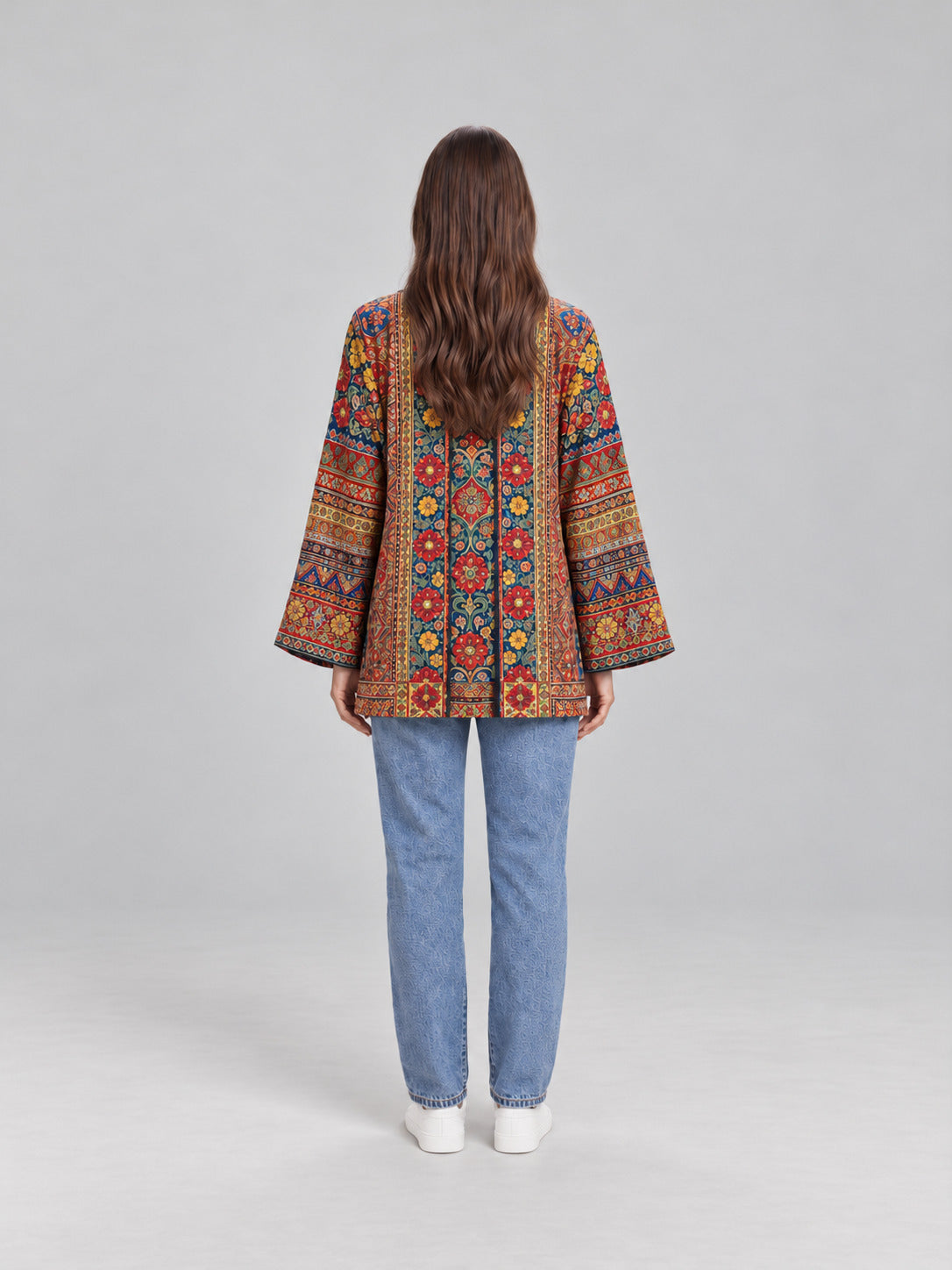 Anika | Damowa aksamitna kurtka w stylu boho z nadrukiem i szerokimi rękawami