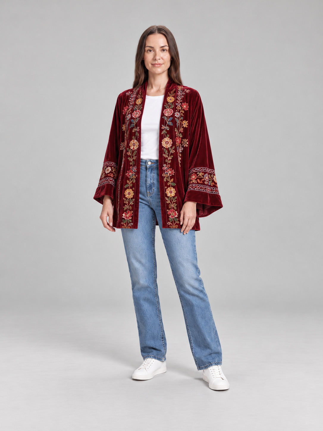Anika | Damowa aksamitna kurtka w stylu boho z nadrukiem i szerokimi rękawami